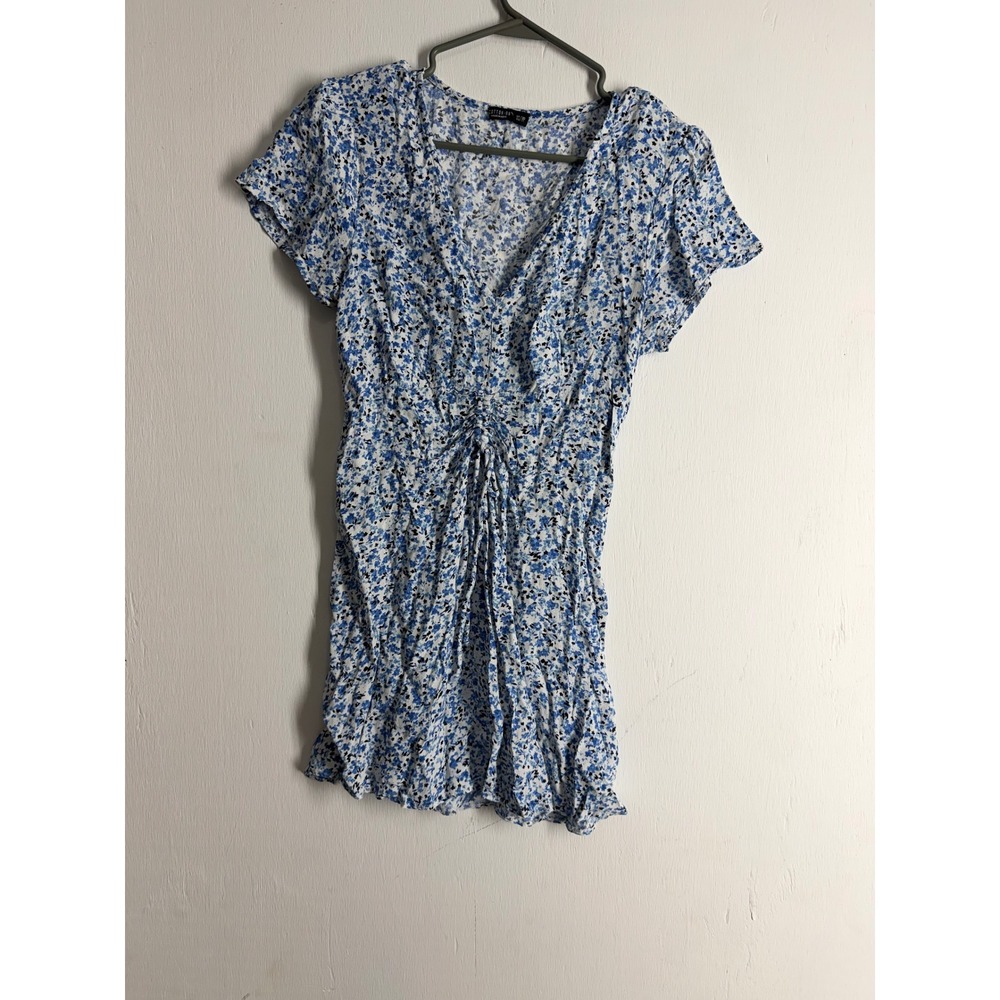 Cotton On Blue Floral V-Neck Mini Dress Short Sleeve Ruched Front XS